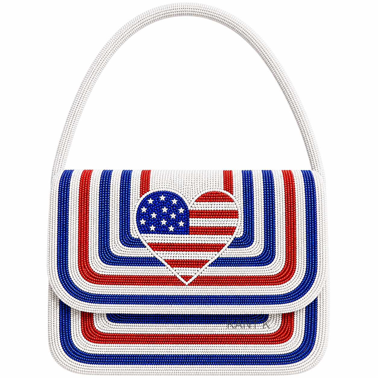 Handmade Patriotic Red White & Blue Heart with Stripes Beaded Shoulder Bag 4th of July Handbag