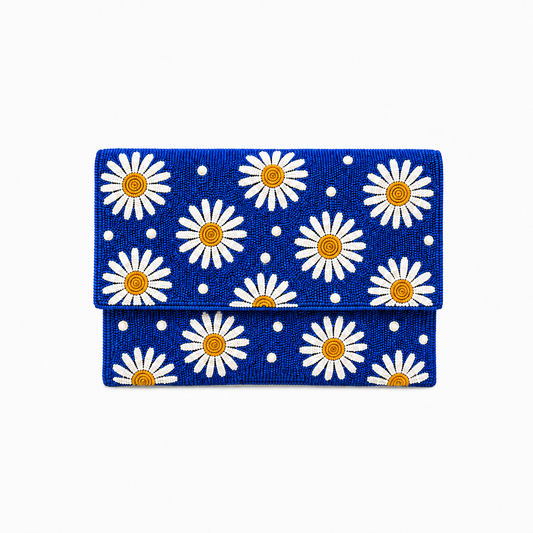 Handcrafted Daisy Clutch, Vibrant Blue Floral Statement Handbag
