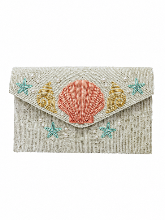 Sea Shell Beaded Clutch Bag Handmade Ocean-Inspired Evening Purse