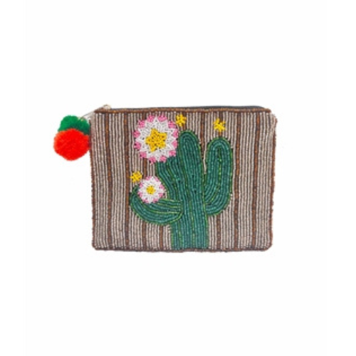 Handmade Beaded Cactus Coin Purse Colorful Embroidered Zip Pouch
