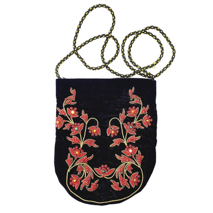 Embroidered Black and Red Velvet Crossbody Bag