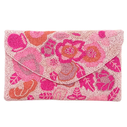 Hand-Beaded Pink Flower Clutch Bridal & Party Accessory