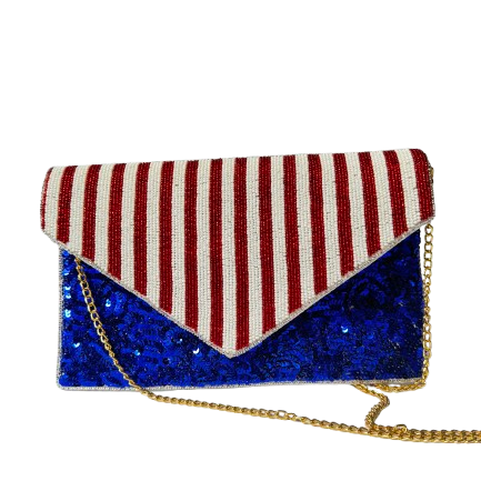 Handcrafted 4th of July Beaded Clutch Patriotic Red, White & Blue Evening Bag