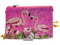 The Handmade Pink Flamingo Beaded Purse is a tropical summer clutch featuring two flamingos amid green leaves and white flowers, a pink zipper, and a 46" detachable gold chain strap.