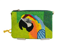 The Handmade Seed Bead Macaw Crossbody Bag is a colorful beaded parrot purse featuring a vibrant macaw on green, with a 46" detachable chain—perfect as a unique accessory for any occasion.