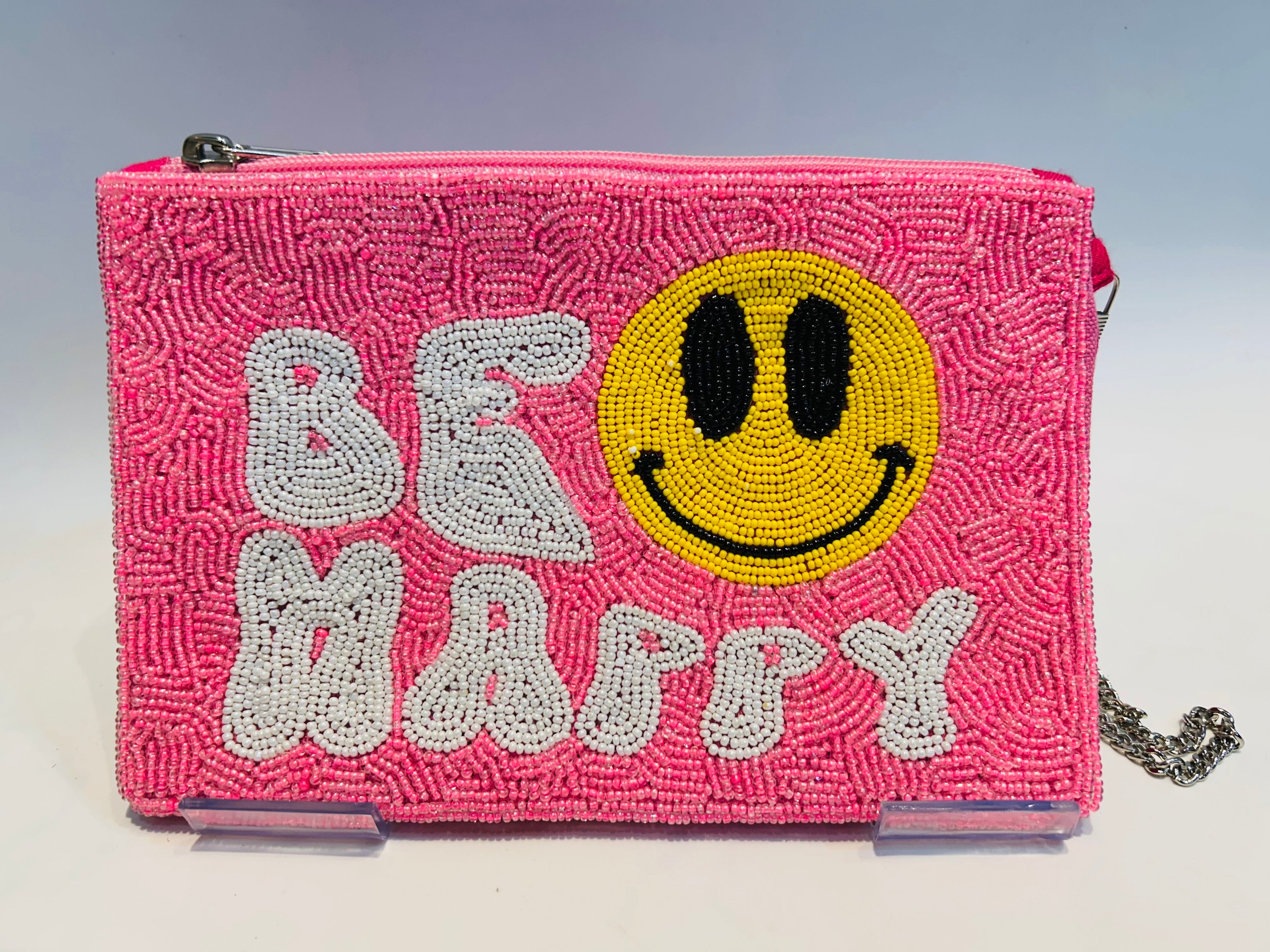 BE HAPPY Pink Floral Handmade Seed Bead Crossbody Bag with 46 Detachable Chain