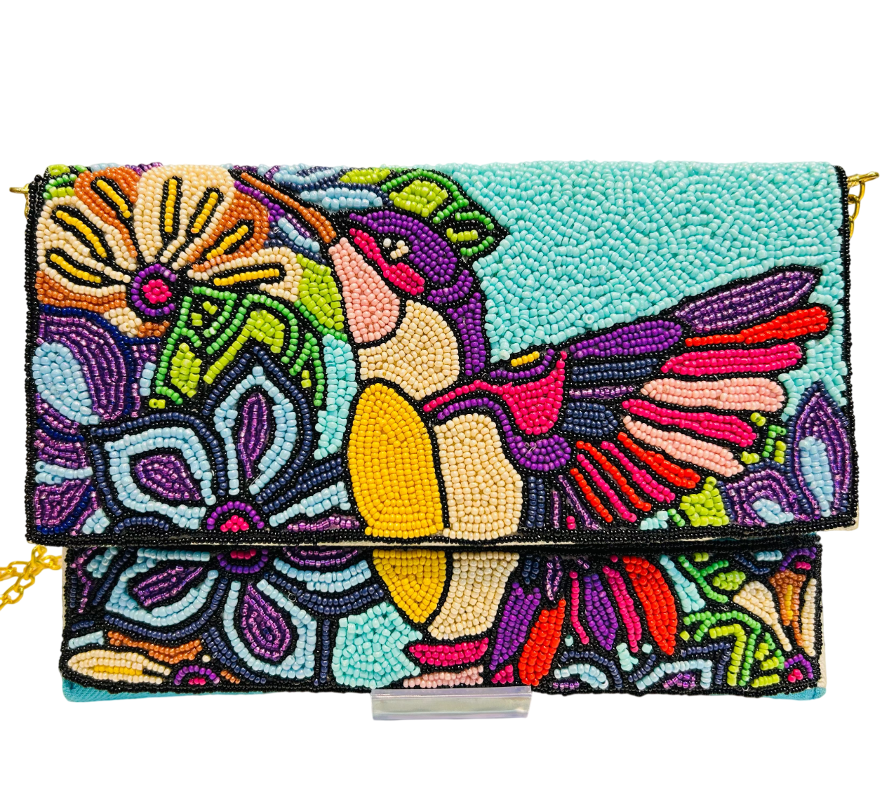 Multicolor Hummingbird Floral Beaded Clutch Purse with Chain Strap