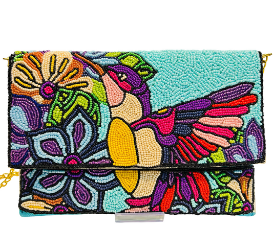 Multicolor Hummingbird Floral Beaded Clutch Purse with Chain Strap