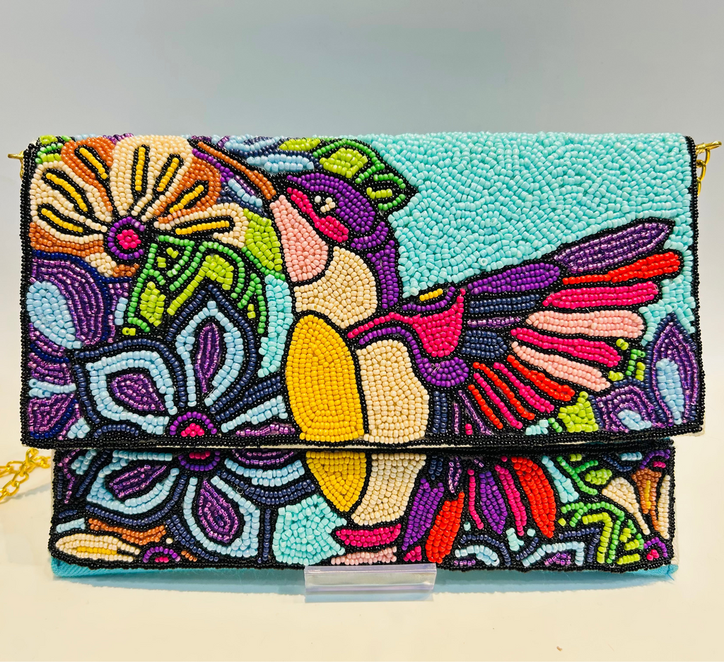 Multicolor Hummingbird Floral Beaded Clutch Purse with Chain Strap