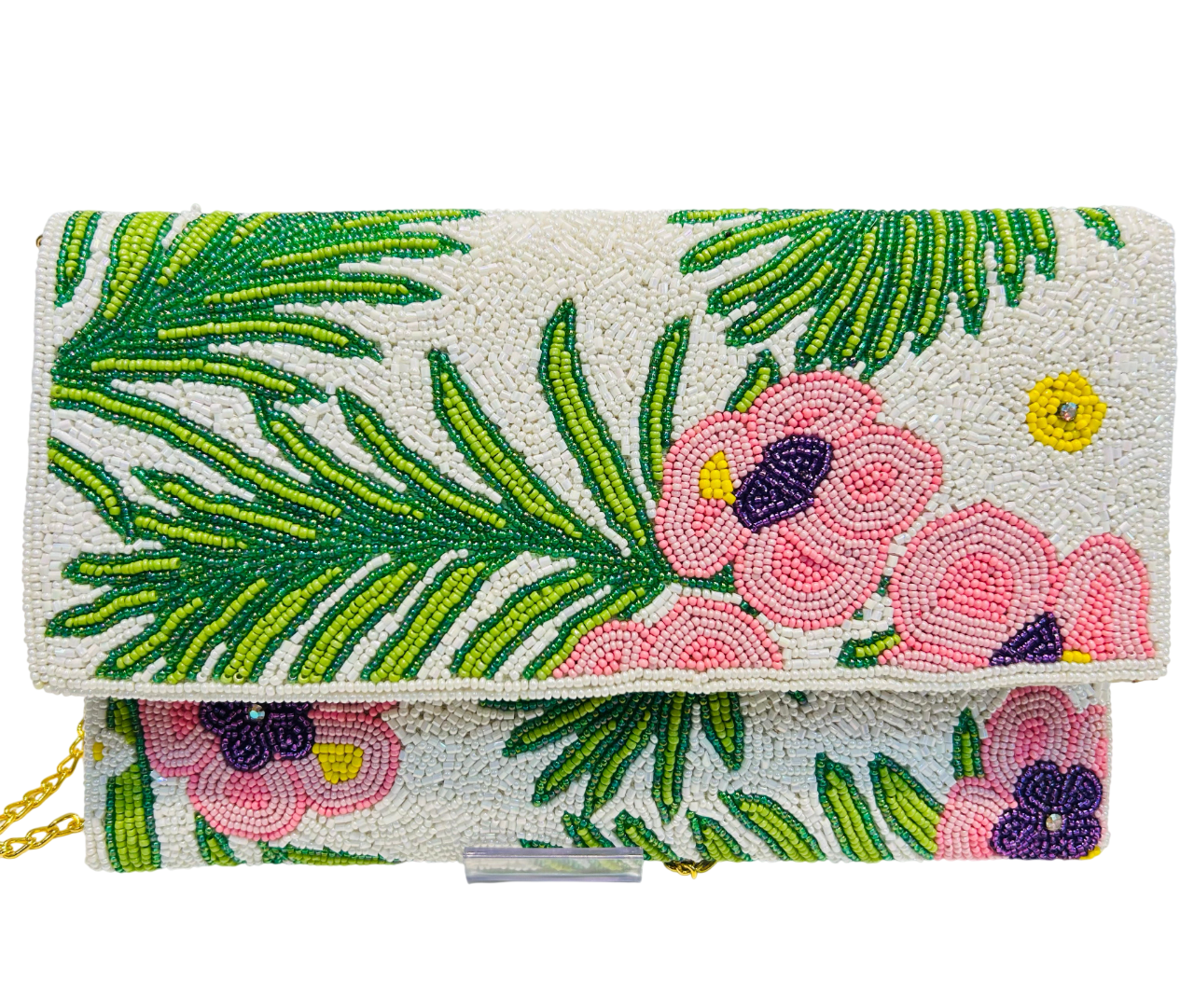White Pink Green Beaded Floral Clutch