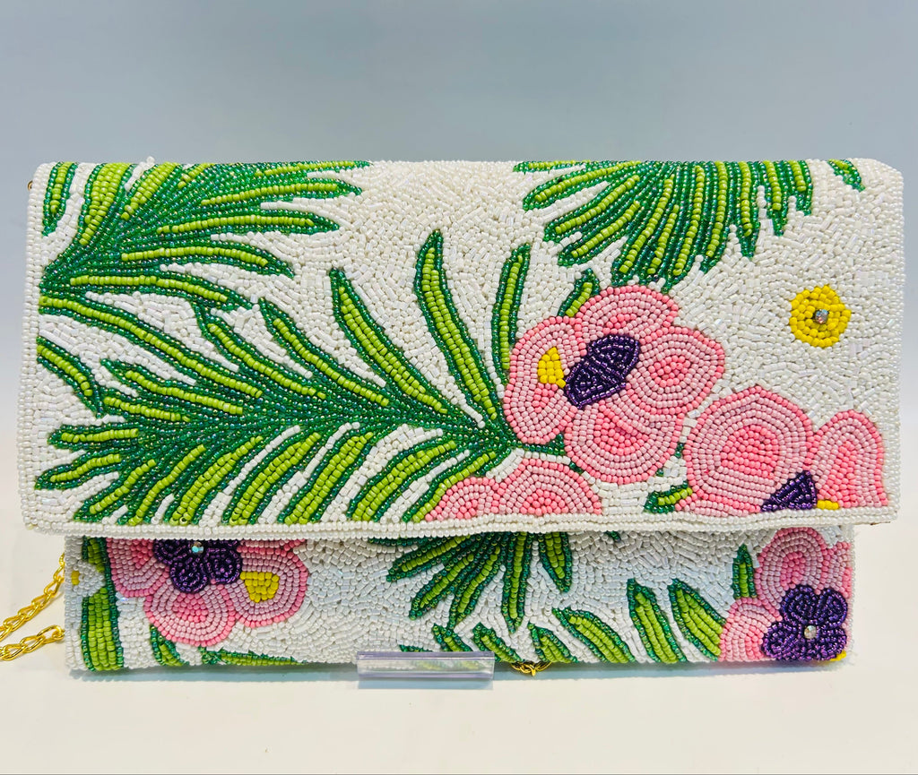 White Pink Green Beaded Floral Clutch