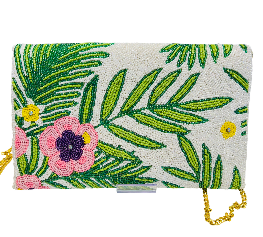 White Pink Green Beaded Floral Clutch