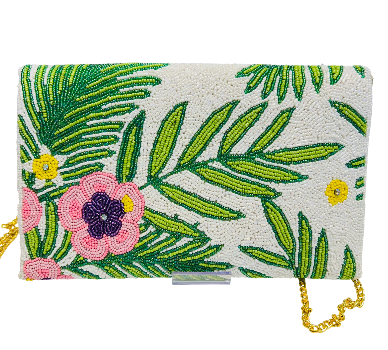 White Pink Green Beaded Floral Clutch