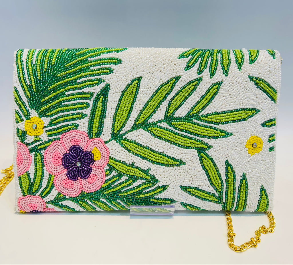 White Pink Green Beaded Floral Clutch