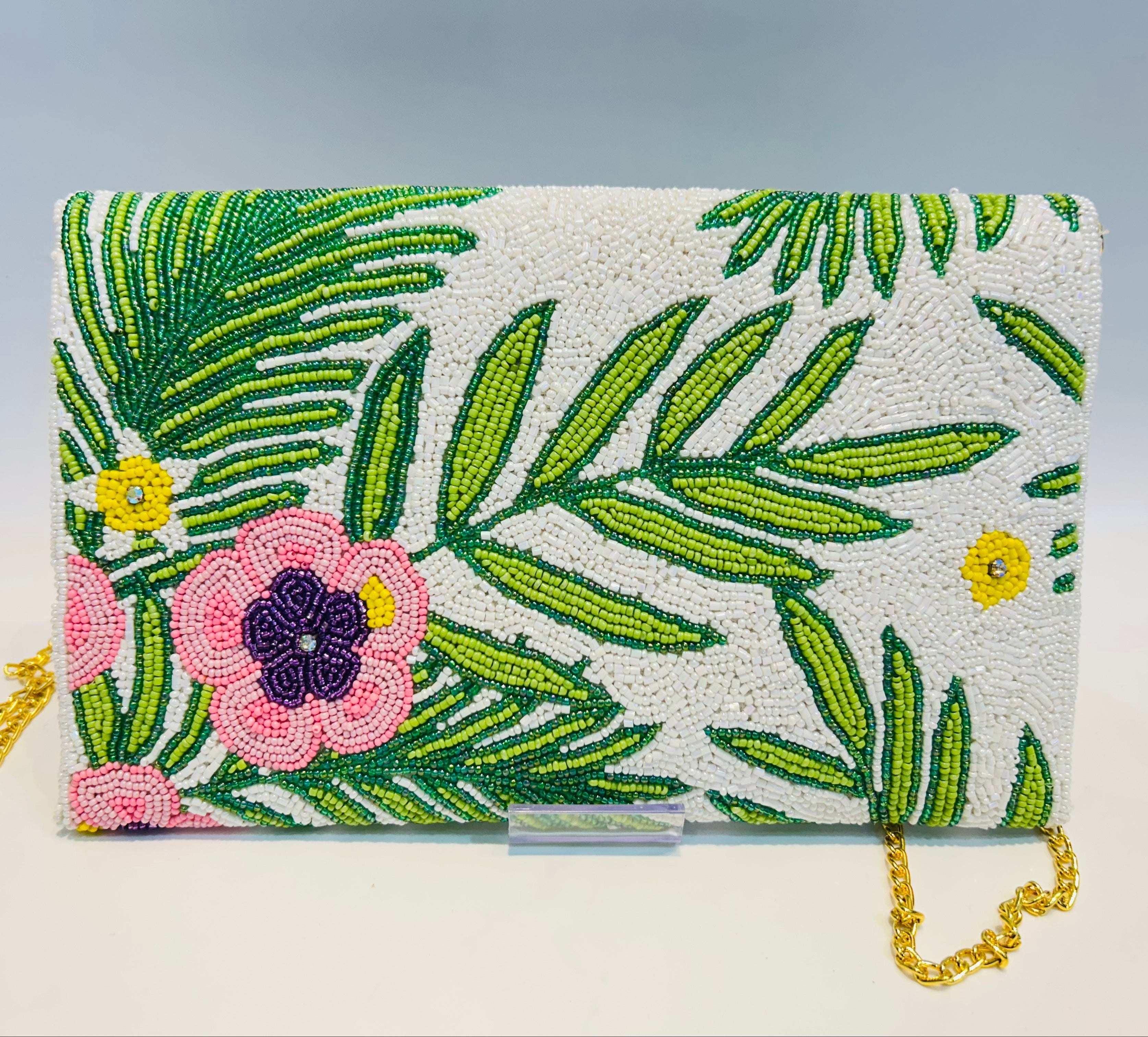 White Pink Green Beaded Floral Clutch