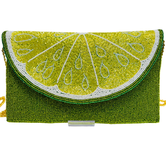 Beaded Lime Slice Clutch Crossbody Bag with Chain Strap