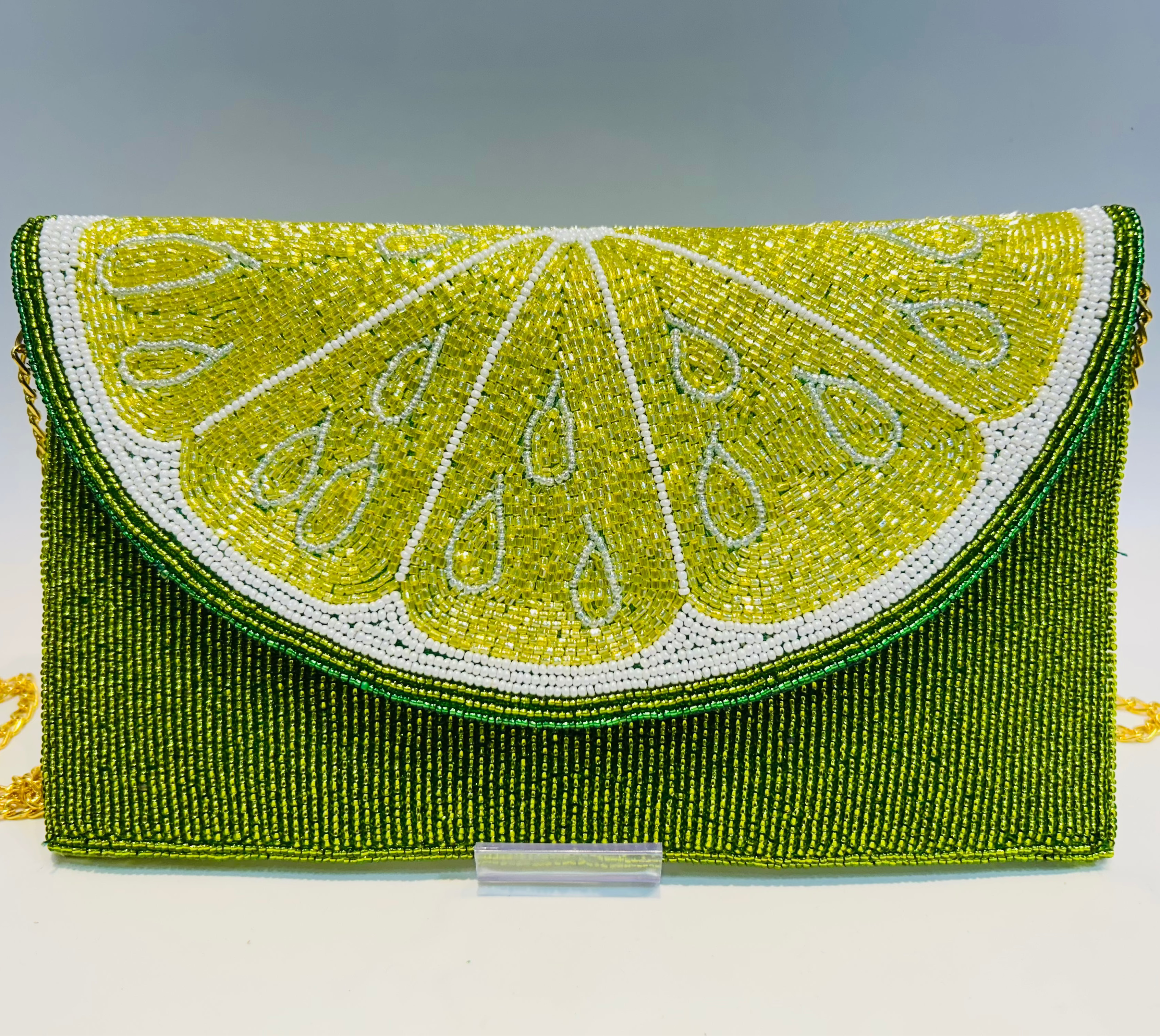 Beaded Lime Slice Clutch Crossbody Bag with Chain Strap