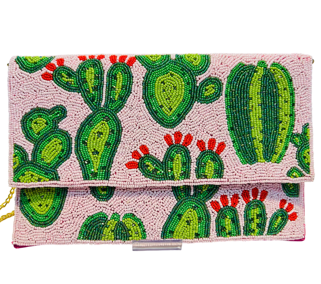 Handcrafted Pink and Green Cactus Beaded Purse Boho Chic Crossbody Bag