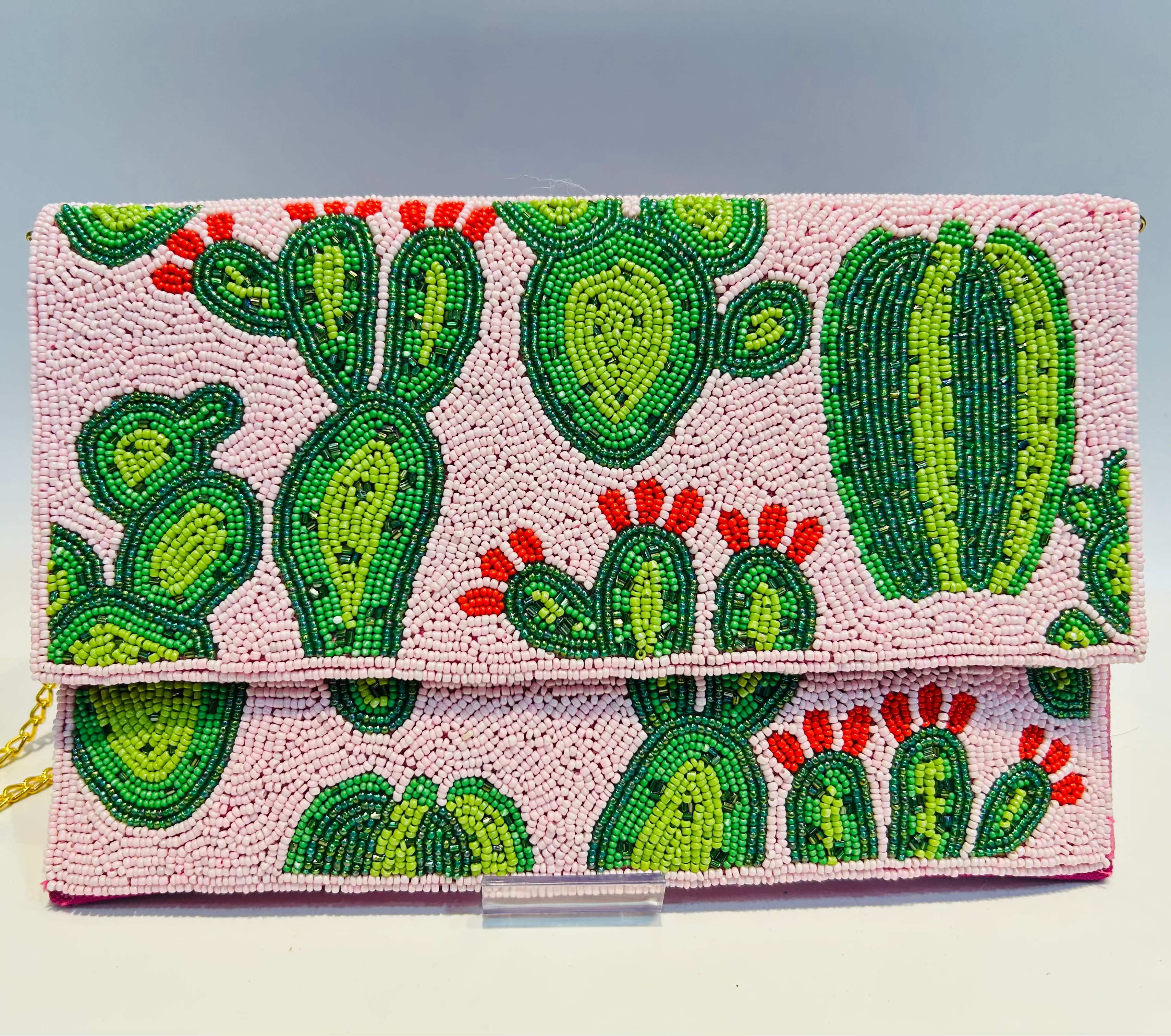 Handcrafted Pink and Green Cactus Beaded Purse Boho Chic Crossbody Bag