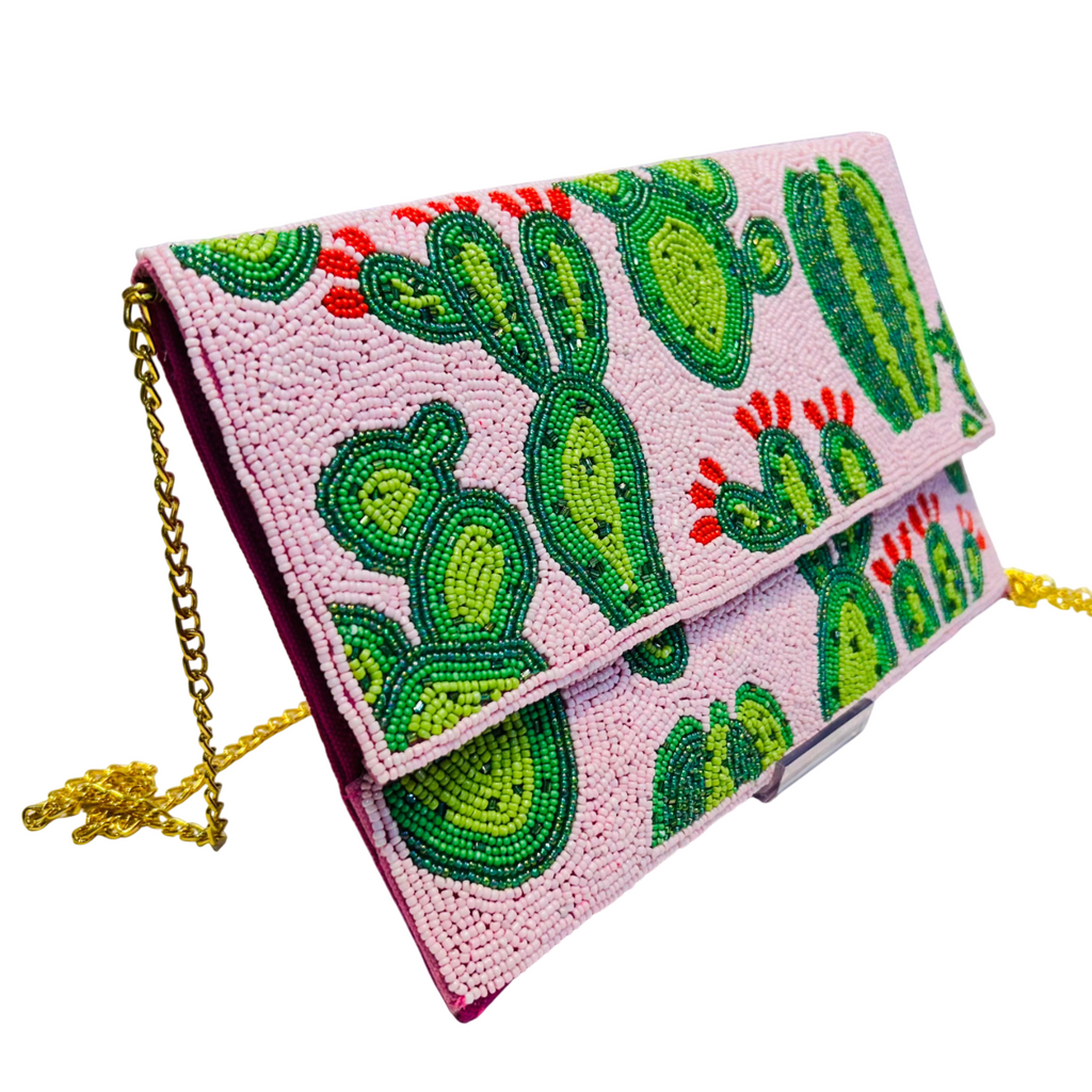 Handcrafted Pink and Green Cactus Beaded Purse Boho Chic Crossbody Bag
