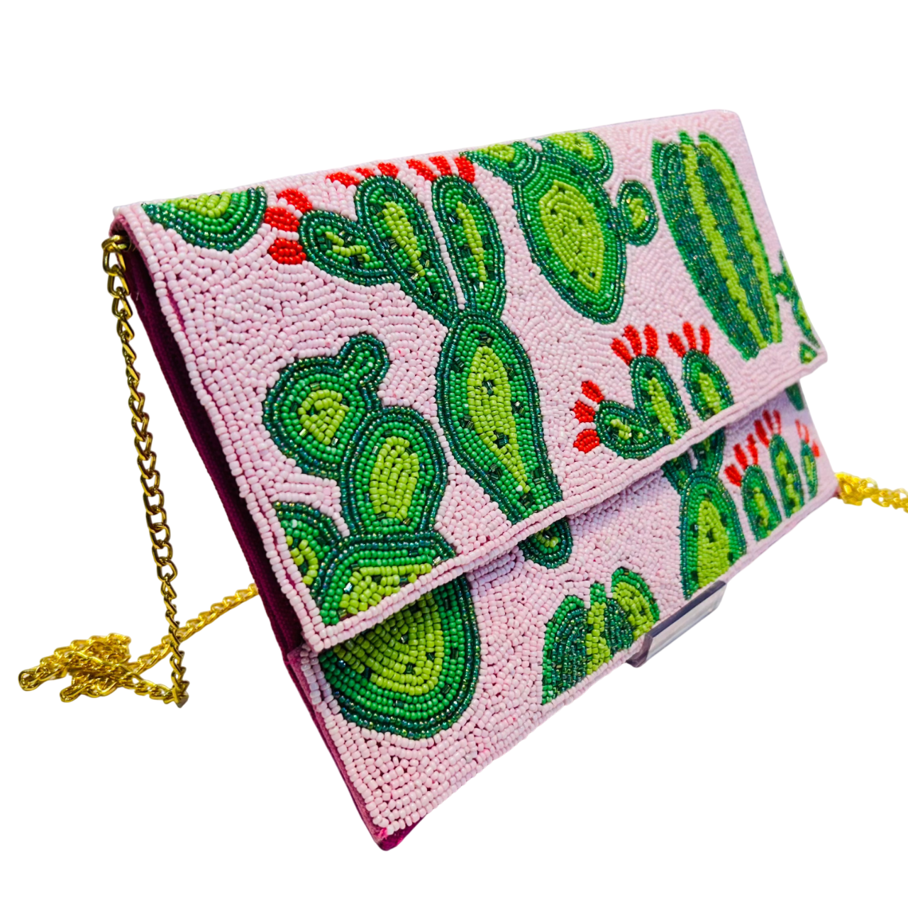 Handcrafted Pink and Green Cactus Beaded Purse Boho Chic Crossbody Bag