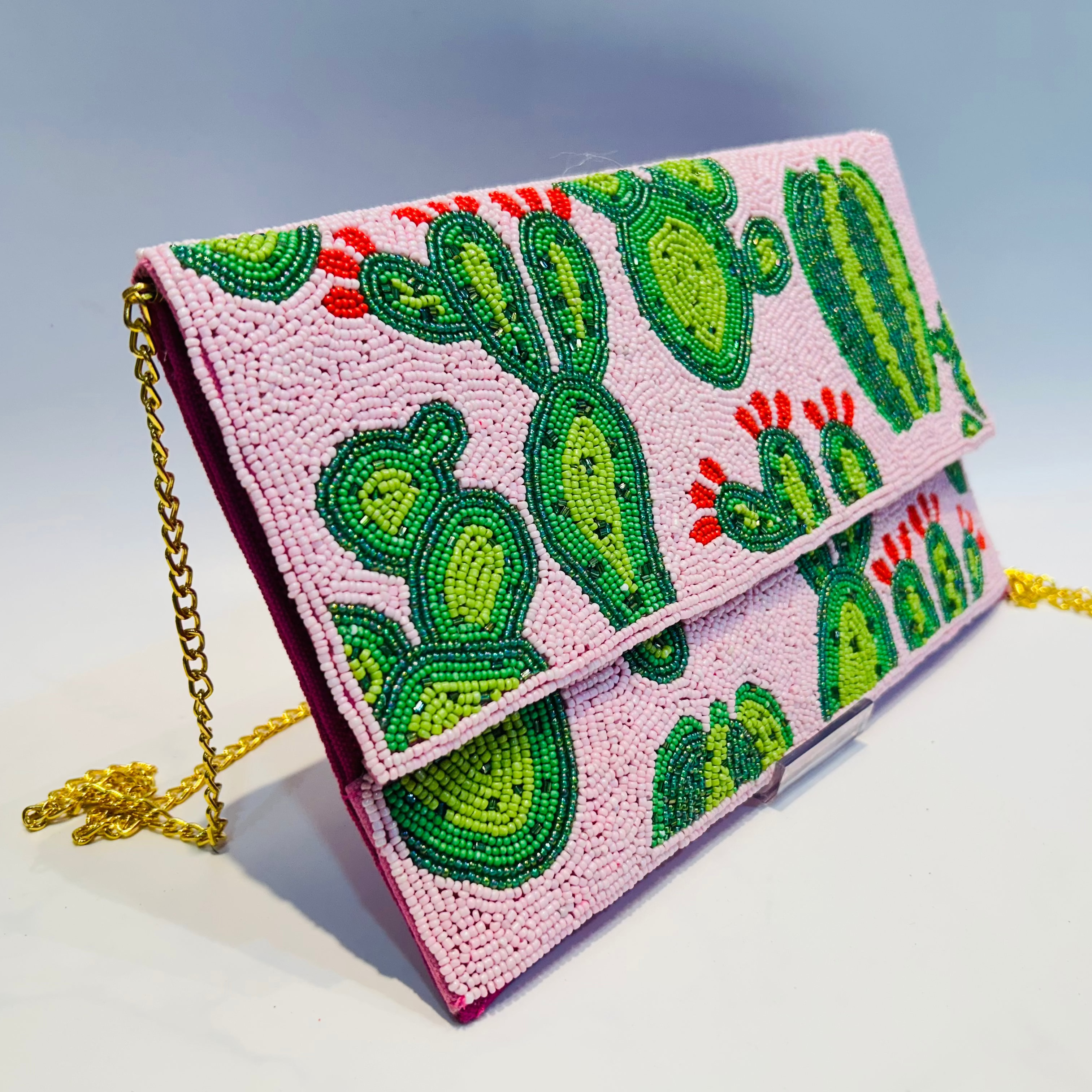 Handcrafted Pink and Green Cactus Beaded Purse Boho Chic Crossbody Bag