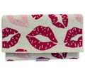 The Hand-crafted Valentine's Day Special Beaded Purse is a rectangular clutch adorned with small beads and playful red and pink lips on a cream background—a charming accessory for your Valentine’s outfit.