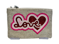 The Love and Hearts Hand-Beaded Zipper Clutch is a handcrafted beige pouch featuring “Love” in pink and red seed beads with a heart design, detailed beadwork, secure top zipper, and includes 46 detachable pieces.