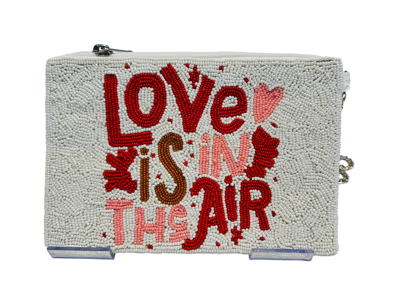 Love is in the air Custom Text Hand-Beaded Zipper Clutch Handmade Beaded Pouch with 46 Detachable Chain
