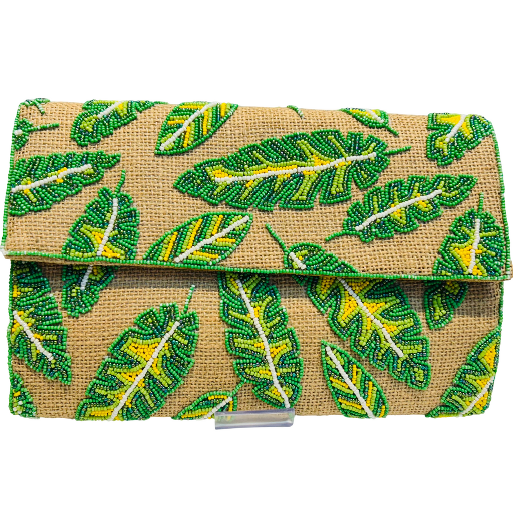 Hand-Crafted Jute Evening Bag with Green Pattern Beaded Tropical Clutch