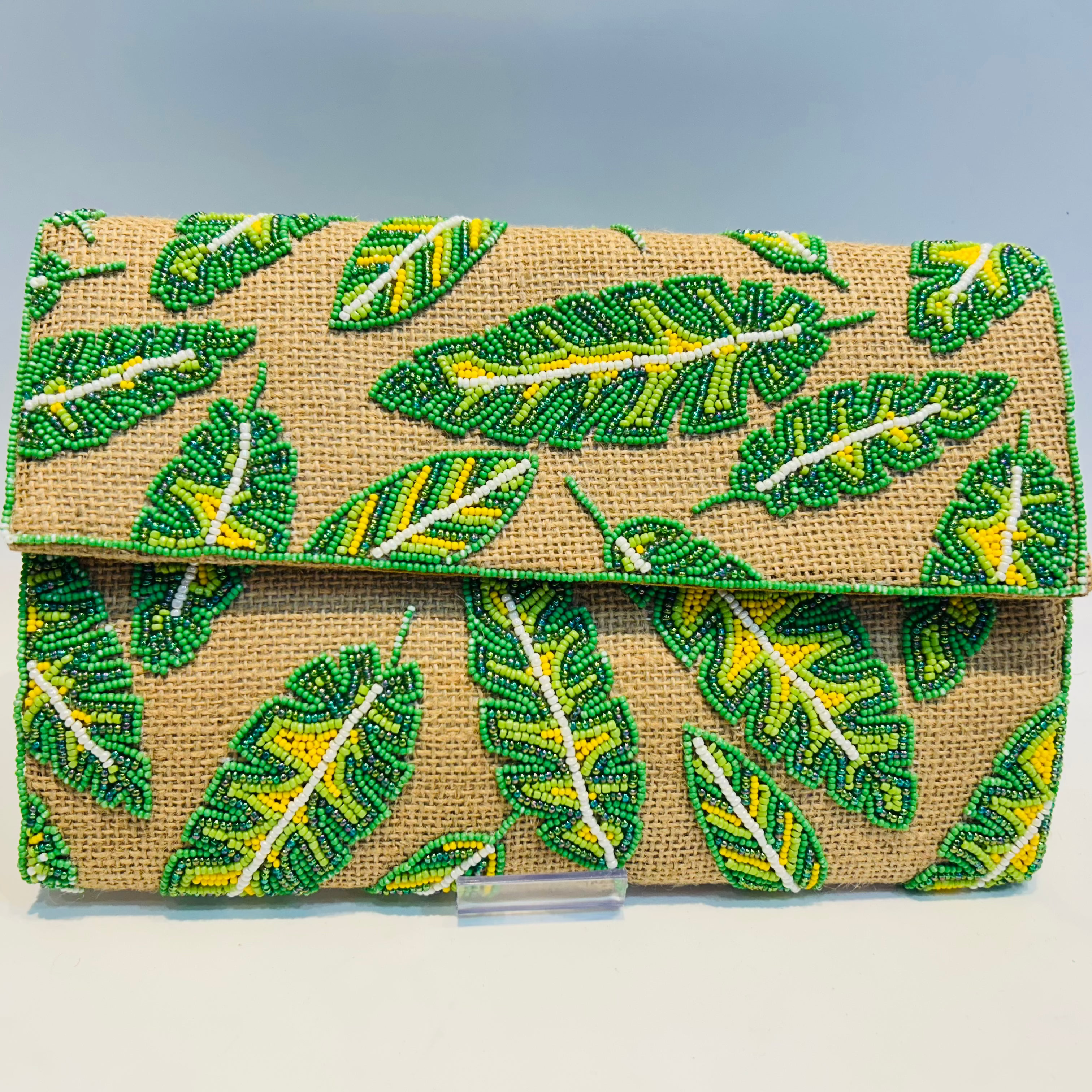 Hand-Crafted Jute Evening Bag with Green Pattern Beaded Tropical Clutch