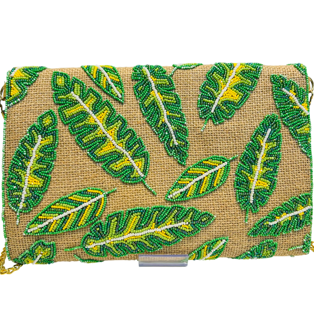 Hand-Crafted Jute Evening Bag with Green Pattern Beaded Tropical Clutch