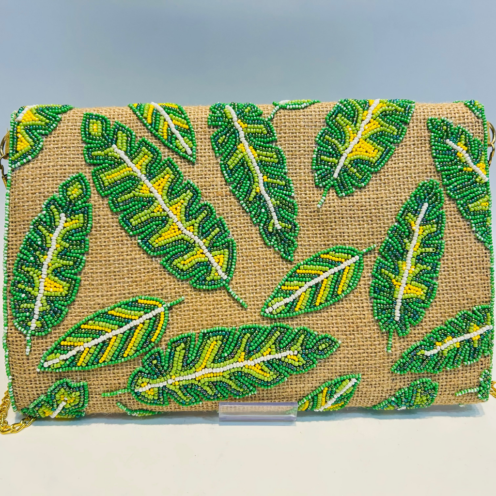 Hand-Crafted Jute Evening Bag with Green Pattern Beaded Tropical Clutch