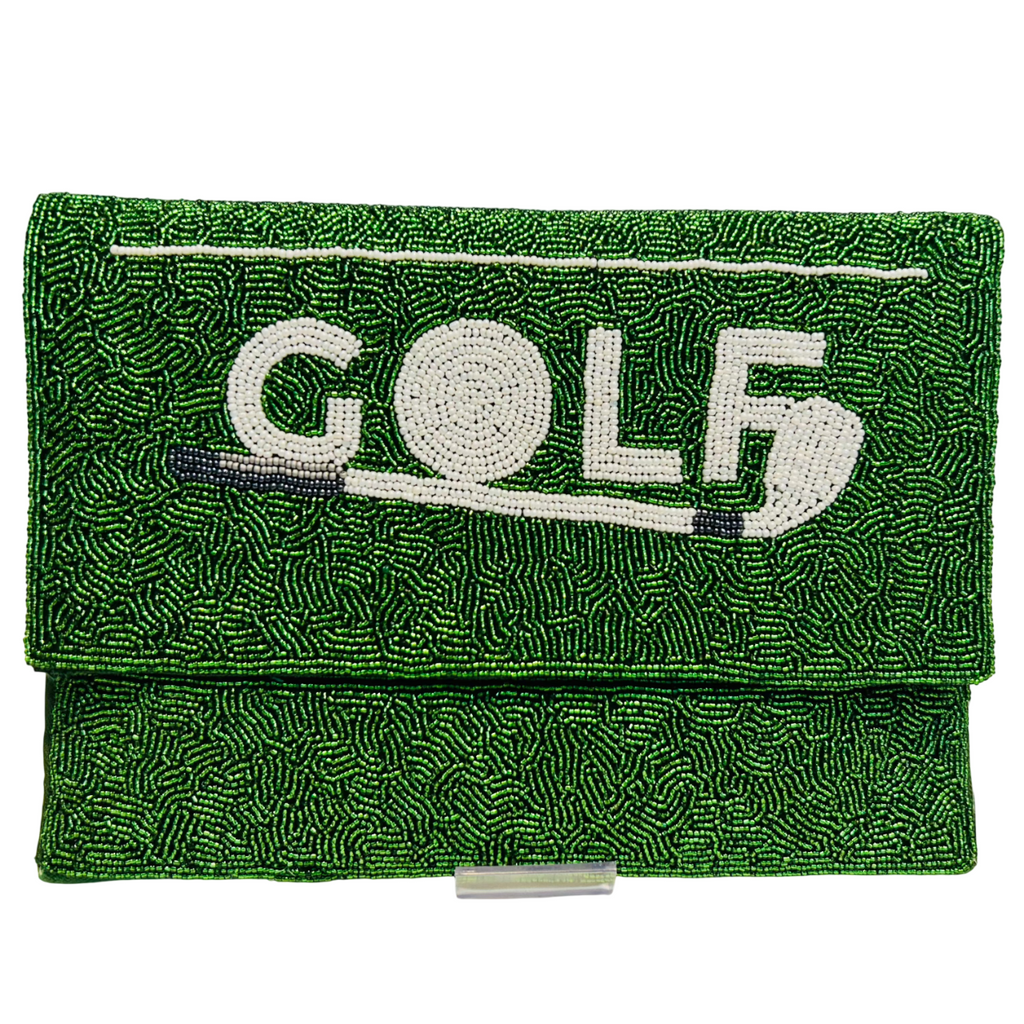 The hand-crafted Golf Themed Beaded Clutch is perfect for tournaments and outings, featuring green beads, "GOLF" in white with a golf ball as the O, and a stylish golf club design beneath the letters.