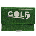 The hand-crafted Golf Themed Beaded Clutch is perfect for tournaments and outings, featuring green beads, "GOLF" in white with a golf ball as the O, and a stylish golf club design beneath the letters.