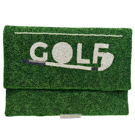 The hand-crafted Golf Themed Beaded Clutch is perfect for tournaments and outings, featuring green beads, "GOLF" in white with a golf ball as the O, and a stylish golf club design beneath the letters.