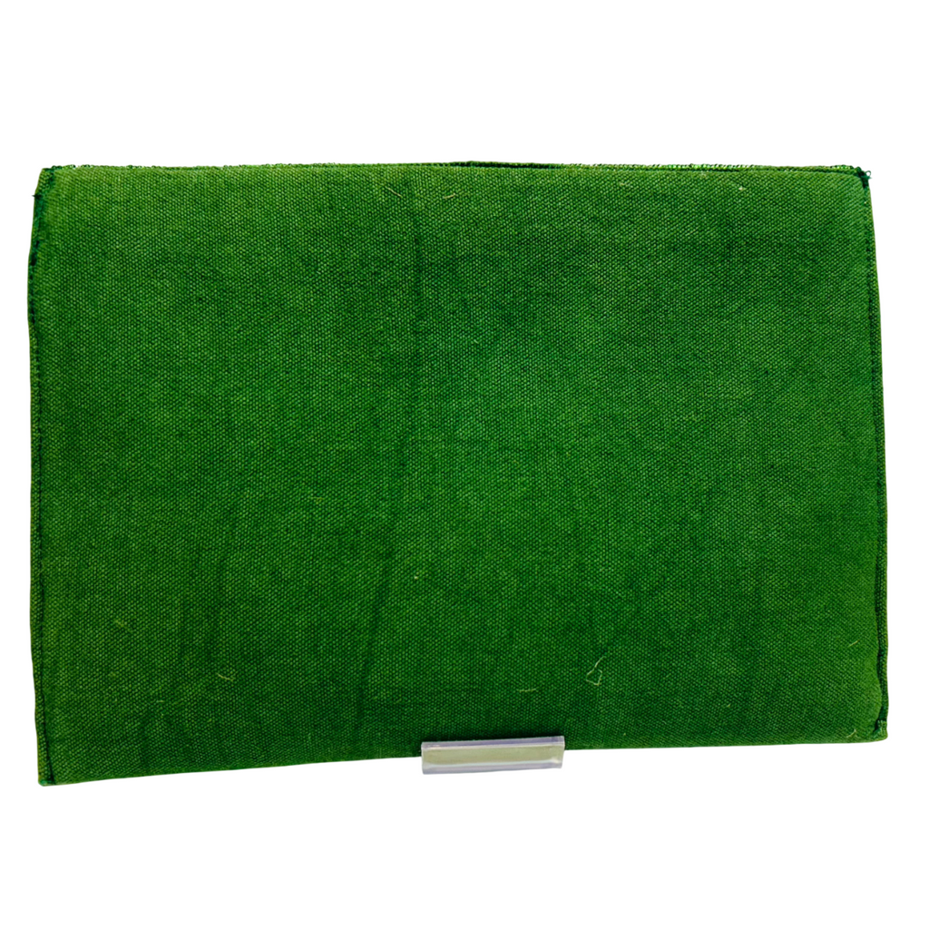 Hand-crafted Golf Themed Beaded Clutch, perfect for tournaments and outings, features green textured fabric with a rectangular shape and small silver clasp; some wear is visible around the edges.