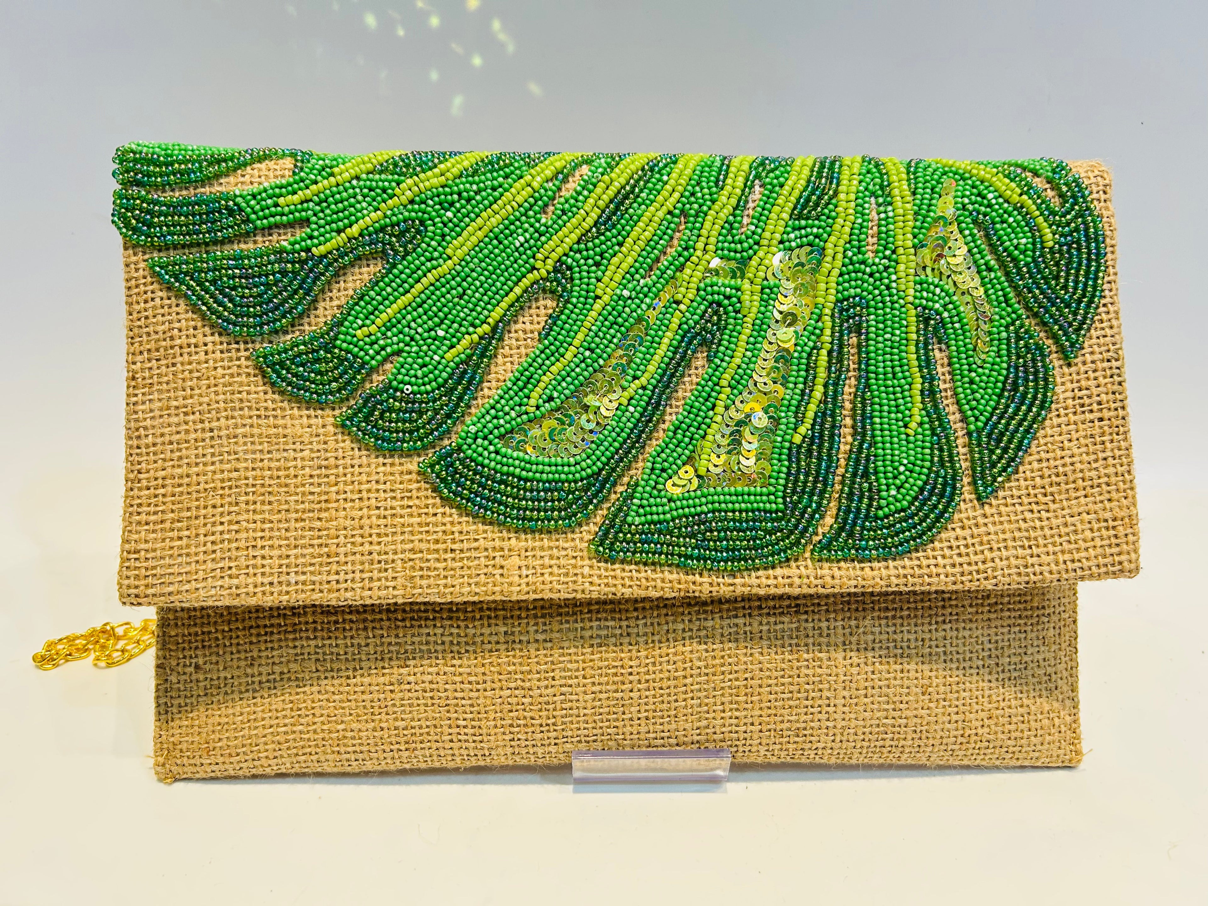 Hand-Embroidered Monstera Jute Evening Bag, Tropical Leaf Purse