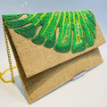 Hand-Embroidered Monstera Jute Evening Bag, Tropical Leaf Purse