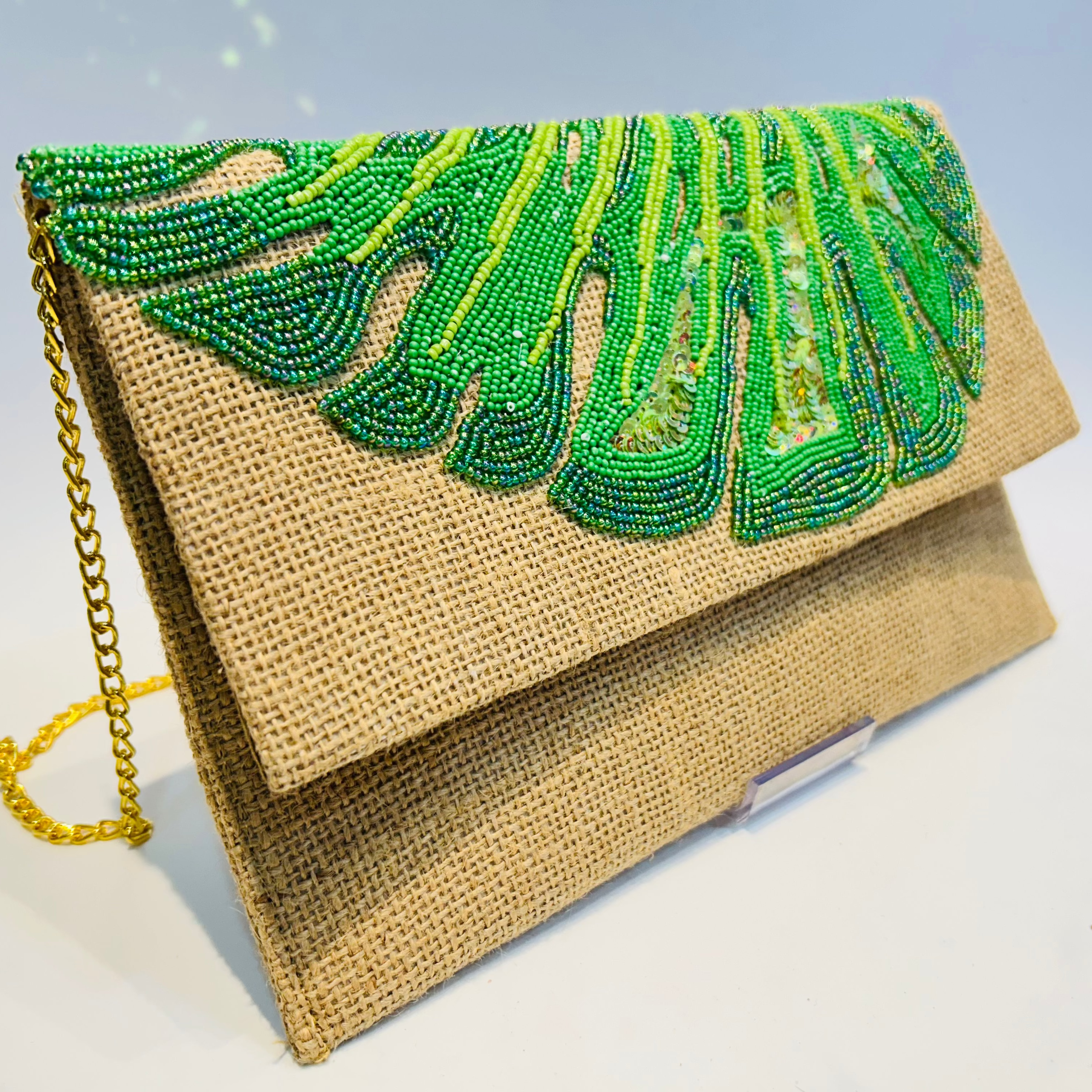 Hand-Embroidered Monstera Jute Evening Bag, Tropical Leaf Purse