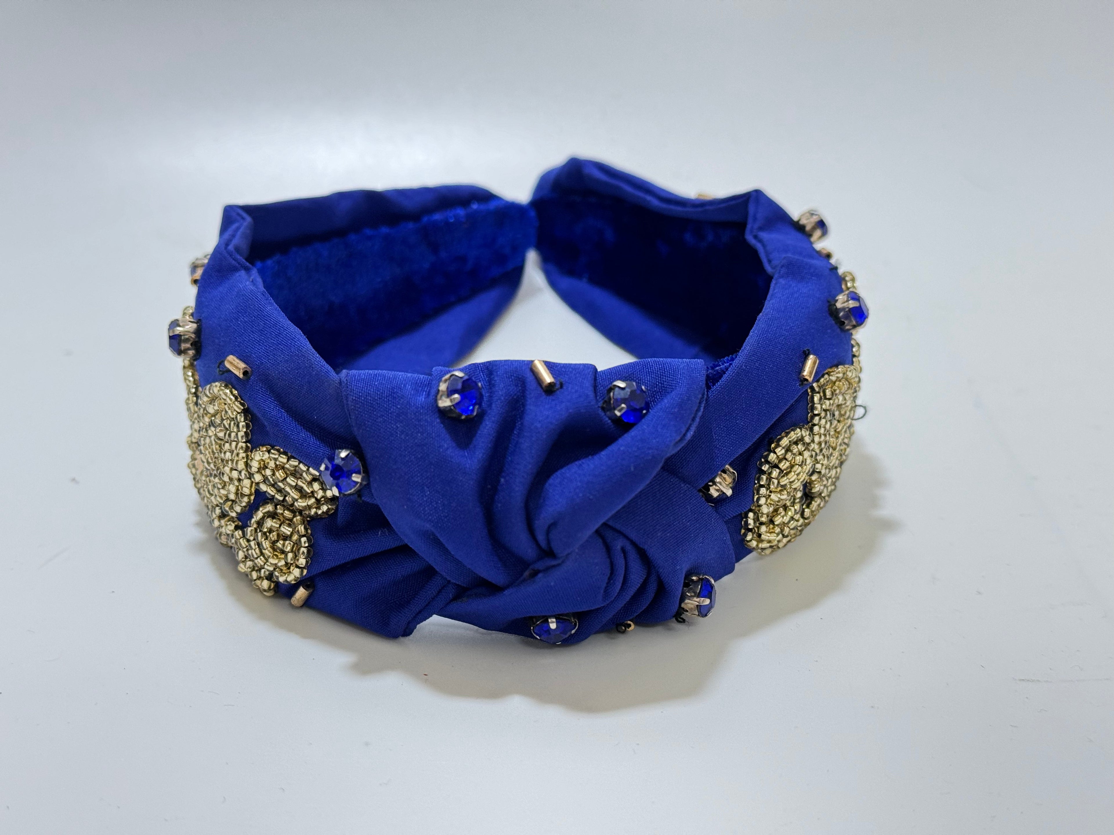 Royal Blue Knot Headband with Gold Paw Embellishments Beaded Animal Lover Hair