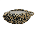 The Handcrafted Stylish Leopard and Cheetah Print Beaded Headband features a padded, ruched design with clear rhinestones and a wide structured shape, adding a bold accent to any outfit.