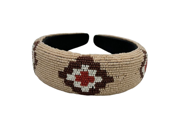 Brown Geometric Print Beaded Headband Modern Statement Hair Accessory