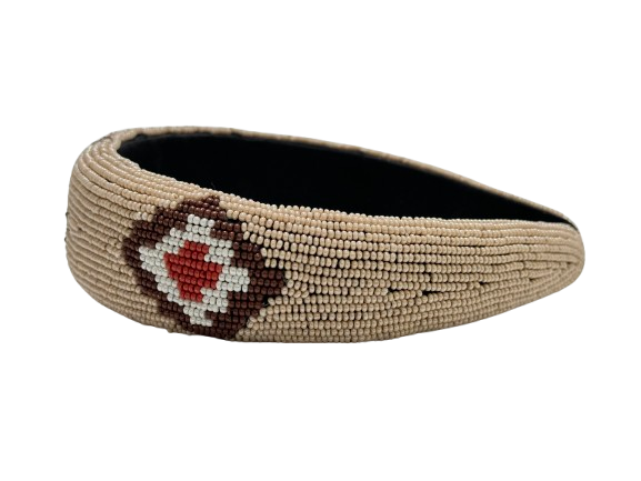 Brown Geometric Print Beaded Headband Modern Statement Hair Accessory