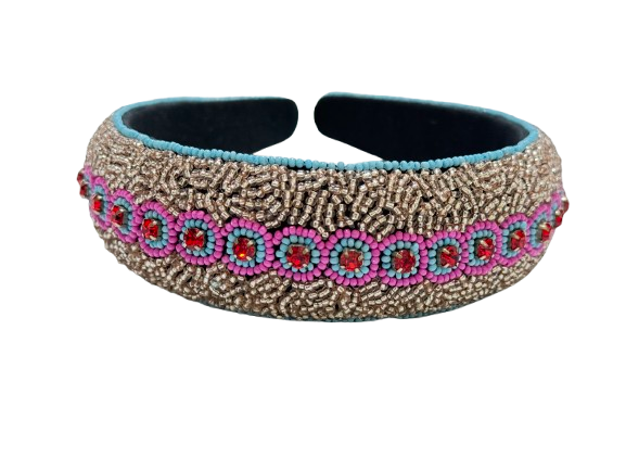 Multicolor Floral Beaded Headband Pink, Blue & Gold Embellished Hair Accessory