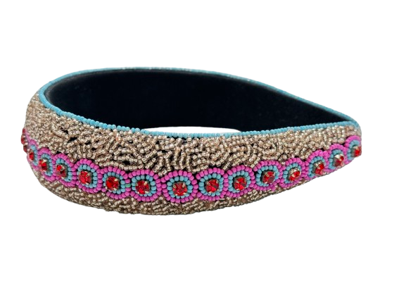 Multicolor Floral Beaded Headband Pink, Blue & Gold Embellished Hair Accessory