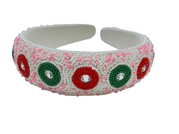 Handcrafted Floral Beaded Headband Pink, White, Red & Green Embellished Hair Accessory