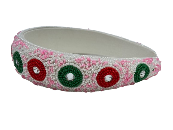 Handcrafted Floral Beaded Headband Pink, White, Red & Green Embellished Hair Accessory