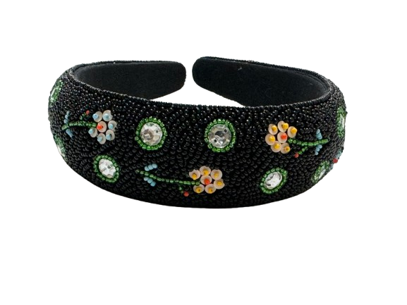 Black Wide Floral Hand-Embroidered Hair Band