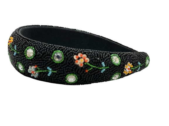 Black Wide Floral Hand-Embroidered Hair Band